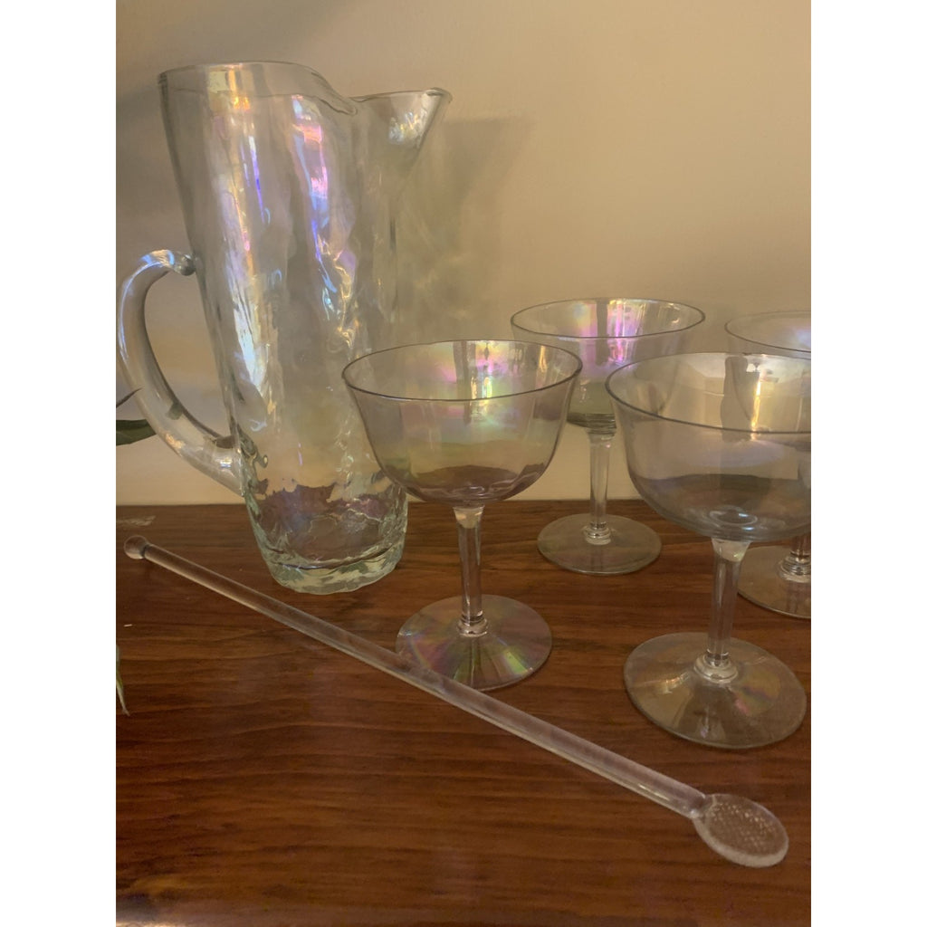 Mid-Century Modern (MCM) "Drapery" Cocktail Pitcher and Coordinating Glasses wit