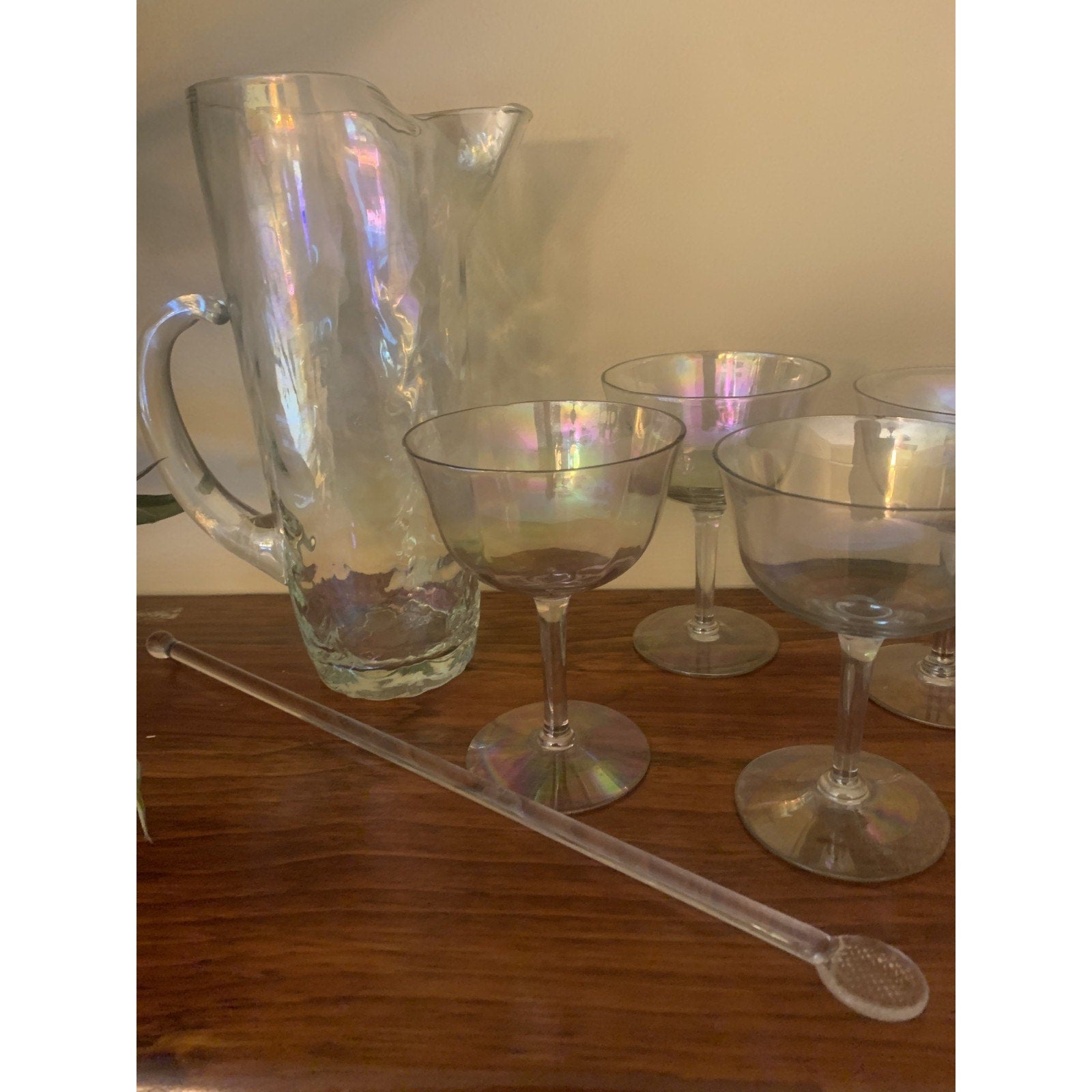 Mid-Century Modern (MCM) "Drapery" Cocktail Pitcher and Coordinating Glasses wit