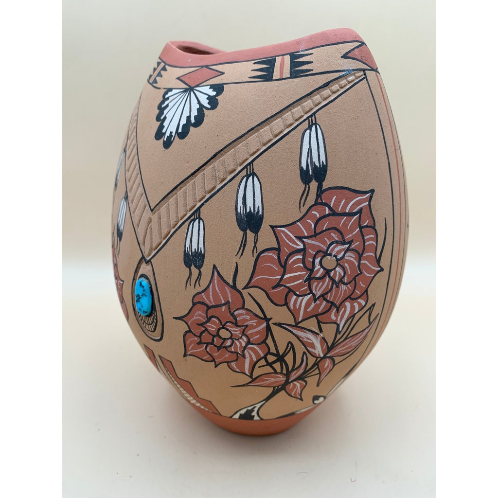 Vintage Signed Clemente Toledo Hand Painted Vase with Embedded Ornate Turquoise