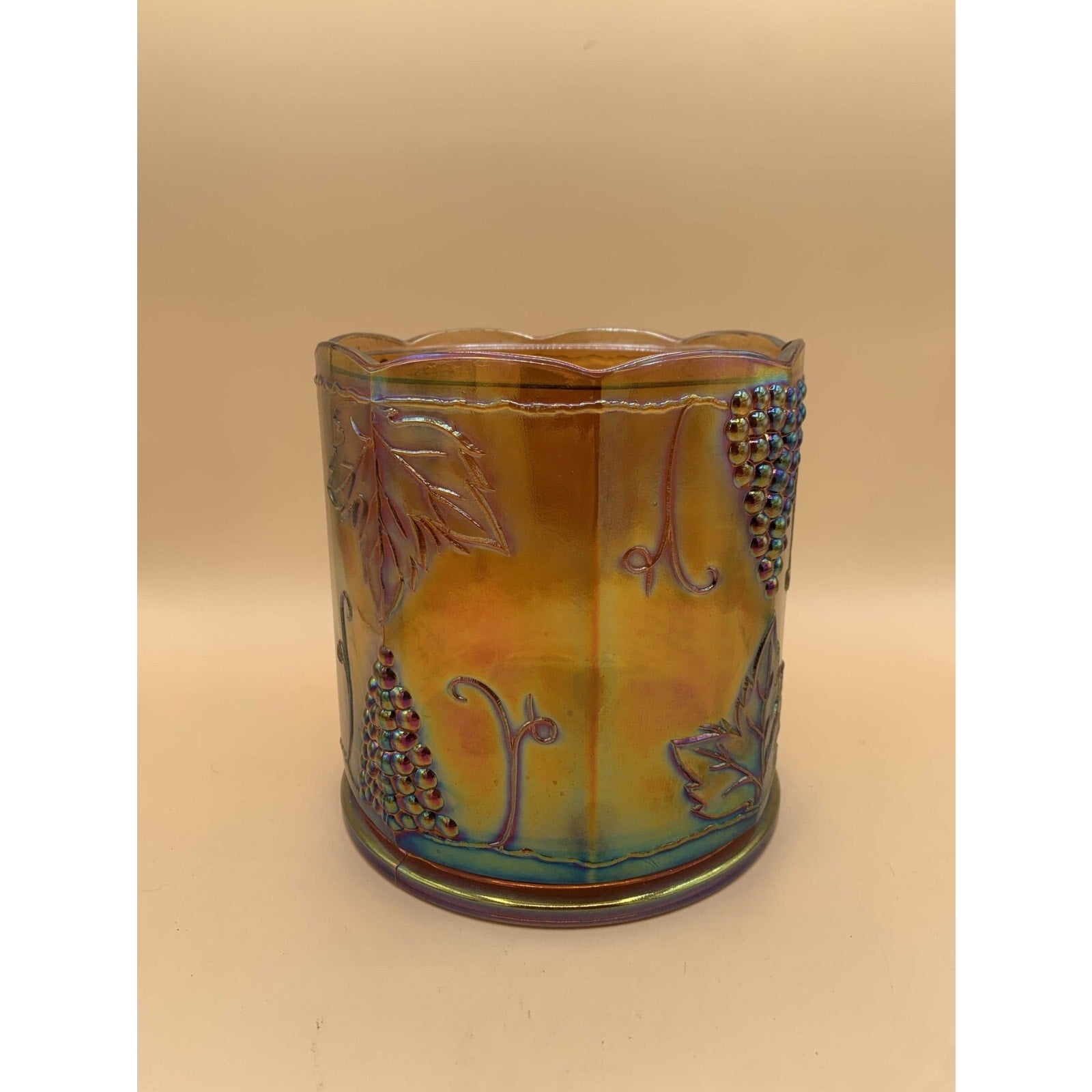 Vintage Indiana Iridescent Amber Gold Carnival Glass Harvest Grape Canister/Jar
