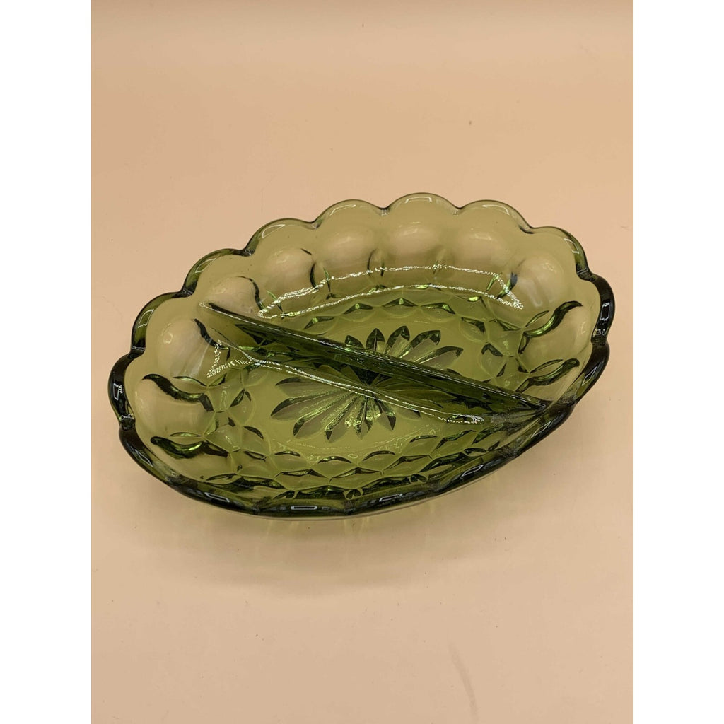 Anchor Hocking Vintage Green Glass Divided Fairfield Oval Relish/Nut/Candy Dish