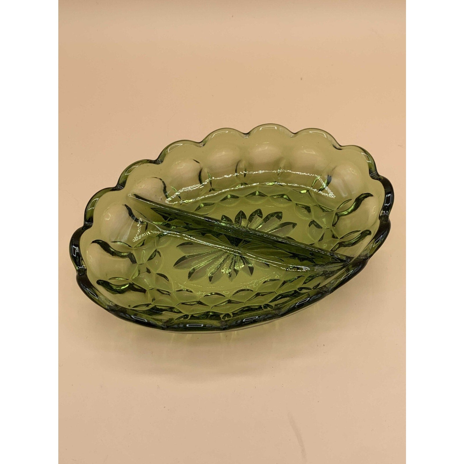 Anchor Hocking Vintage Green Glass Divided Fairfield Oval Relish/Nut/Candy Dish