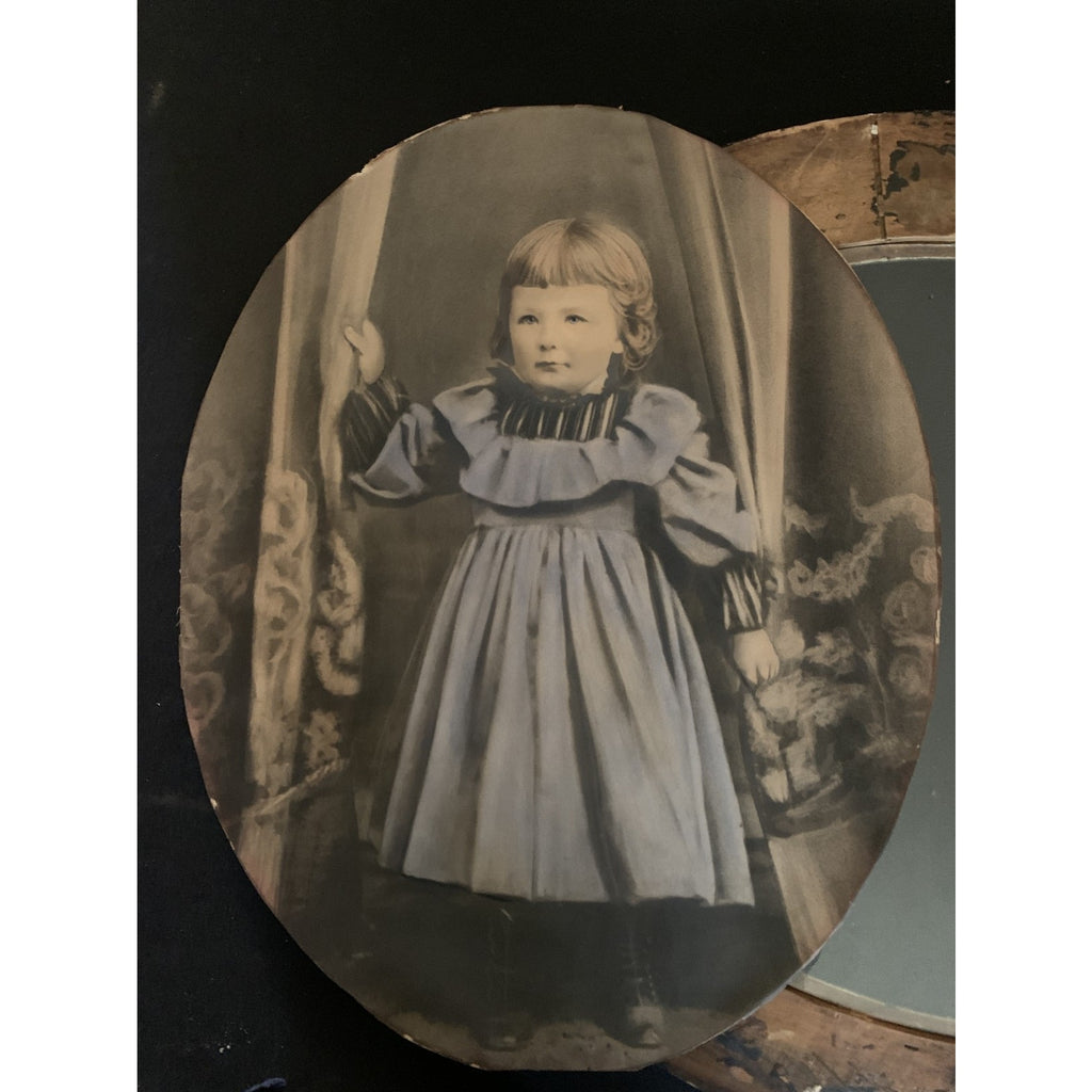 Antique Photograph of Little Girl Mounted in Large Oval Handmade Wooden Frame