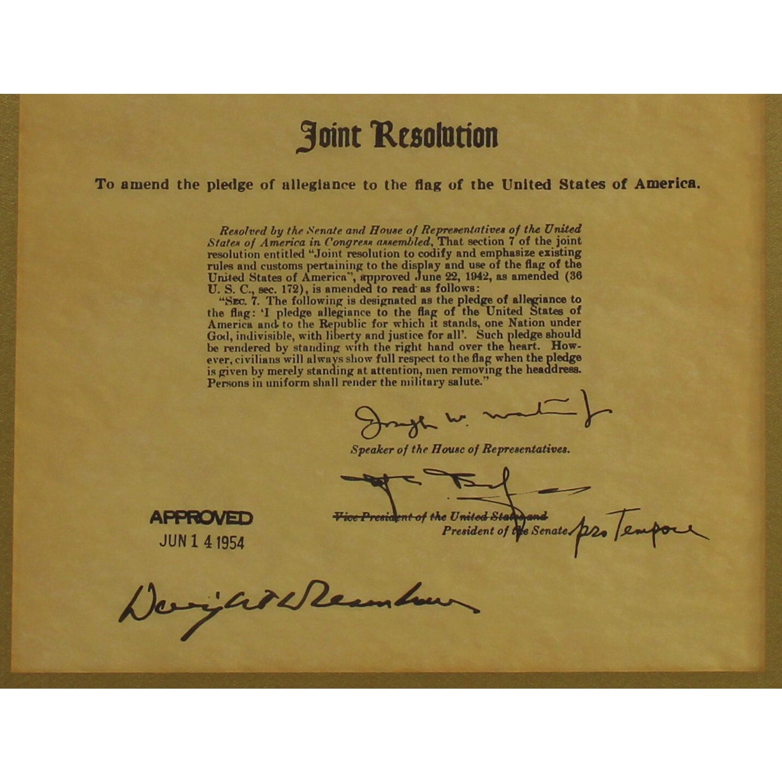 Framed Resolution of Congress to Amend the Pledge of Allegiance to the Flag 1954