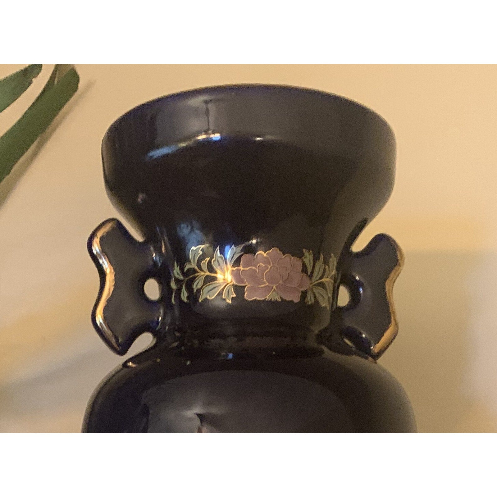 Vintage Japanese Marked Bijutsu Toki Porcelain Peacock Flower Vase with Handles