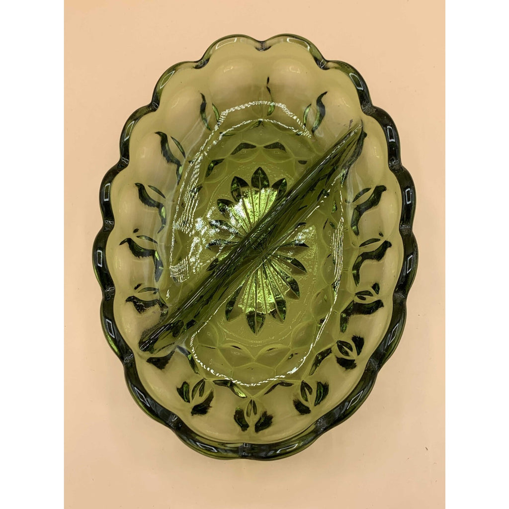 Anchor Hocking Vintage Green Glass Divided Fairfield Oval Relish/Nut/Candy Dish