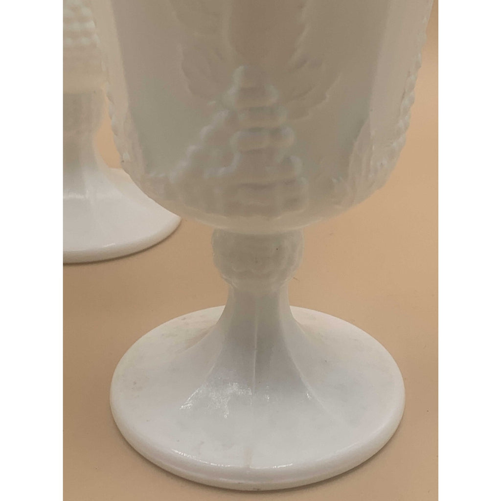Vintage Sets of Paneled Grape and Leaves Pattern Milk Glass Goblets and Glasses