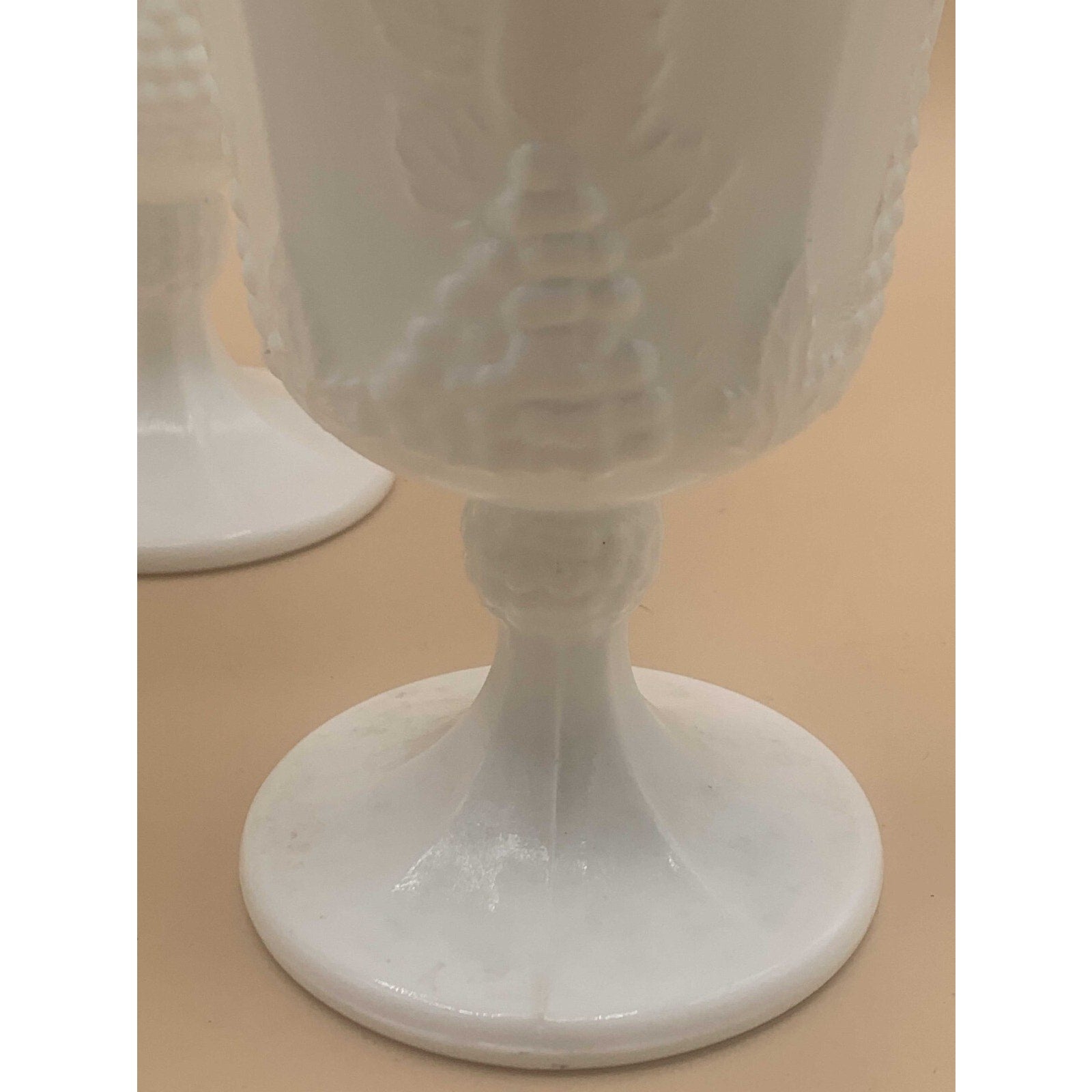 Vintage Sets of Paneled Grape and Leaves Pattern Milk Glass Goblets and Glasses