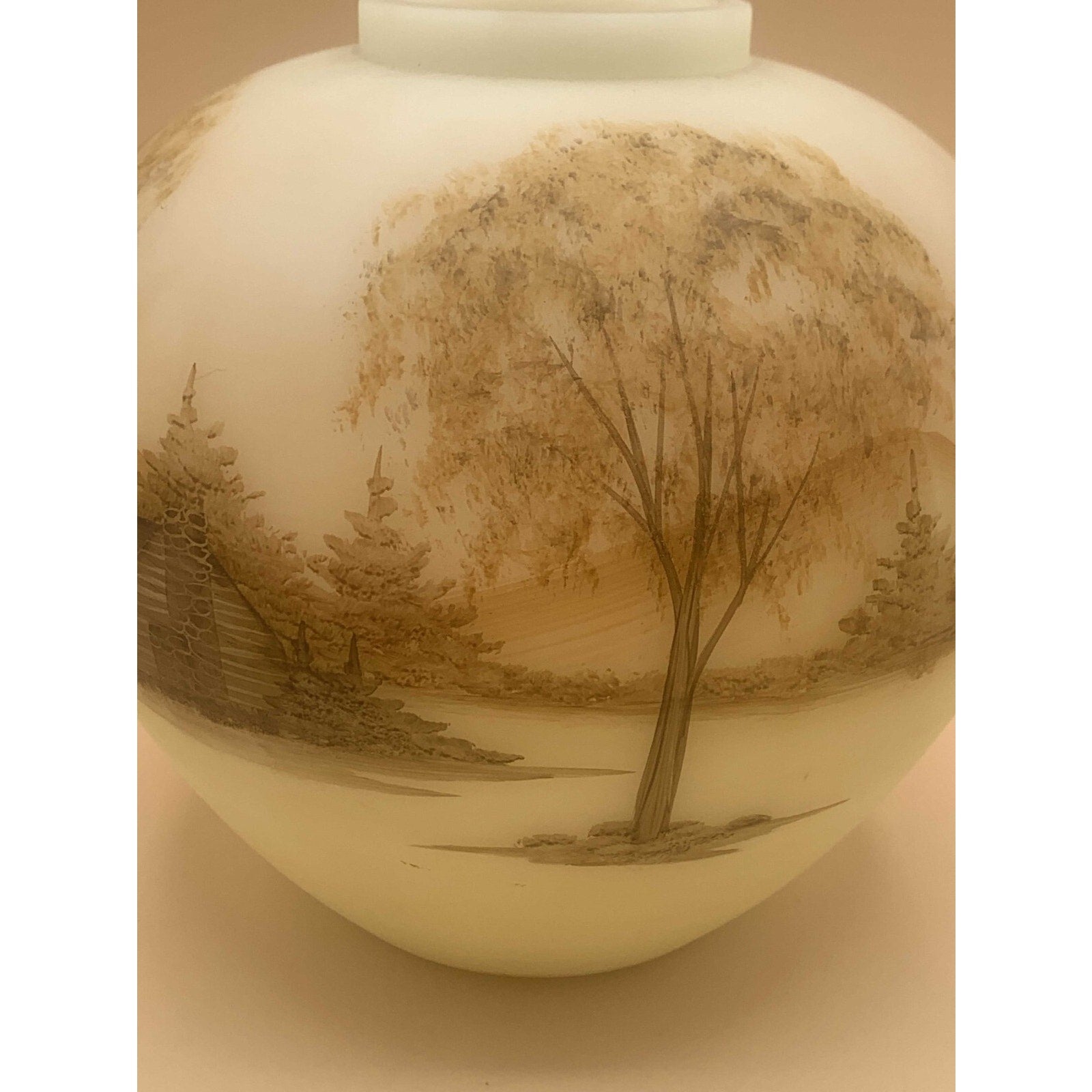 Fenton Satin Custard Hand Painted Log Cabin Series Burmese Ginger Jar Signed by