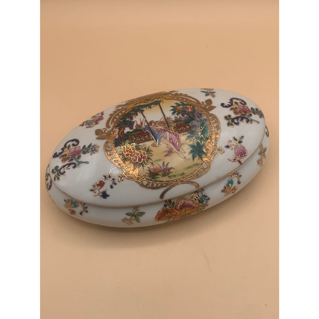 Vintage Oval Fine Porcelain Hand Painted Trinket Box Heavy Gold Trim Two Lovers
