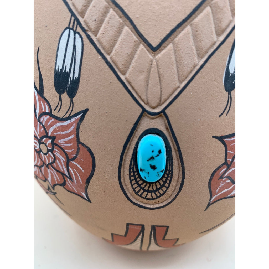 Vintage Signed Clemente Toledo Hand Painted Vase with Embedded Ornate Turquoise