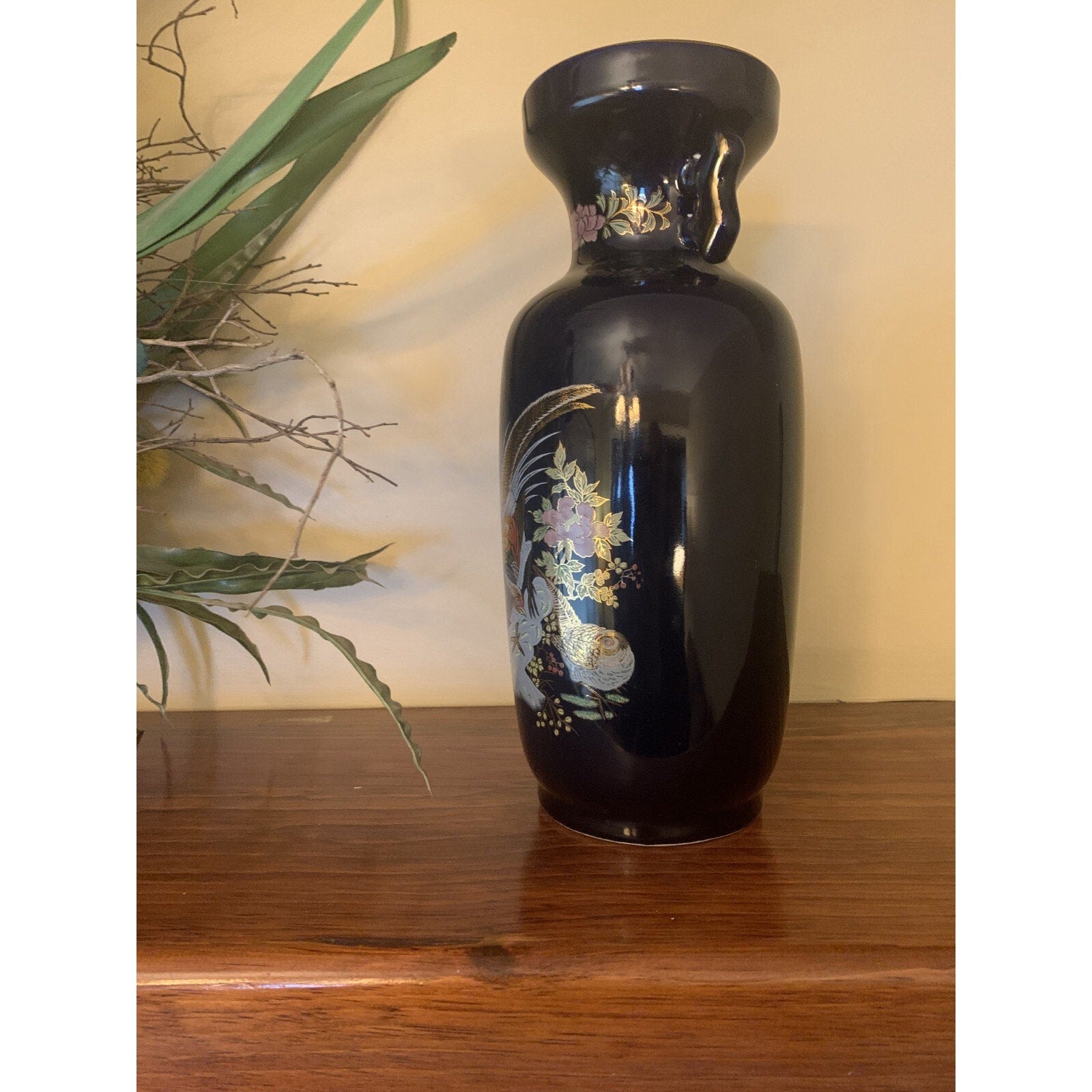 Vintage Japanese Marked Bijutsu Toki Porcelain Peacock Flower Vase with Handles