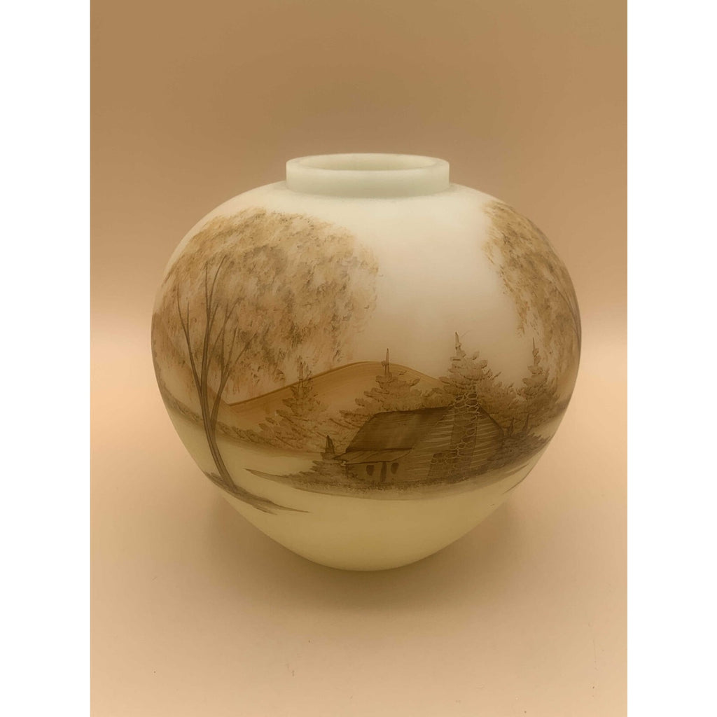 Fenton Satin Custard Hand Painted Log Cabin Series Burmese Ginger Jar Signed by