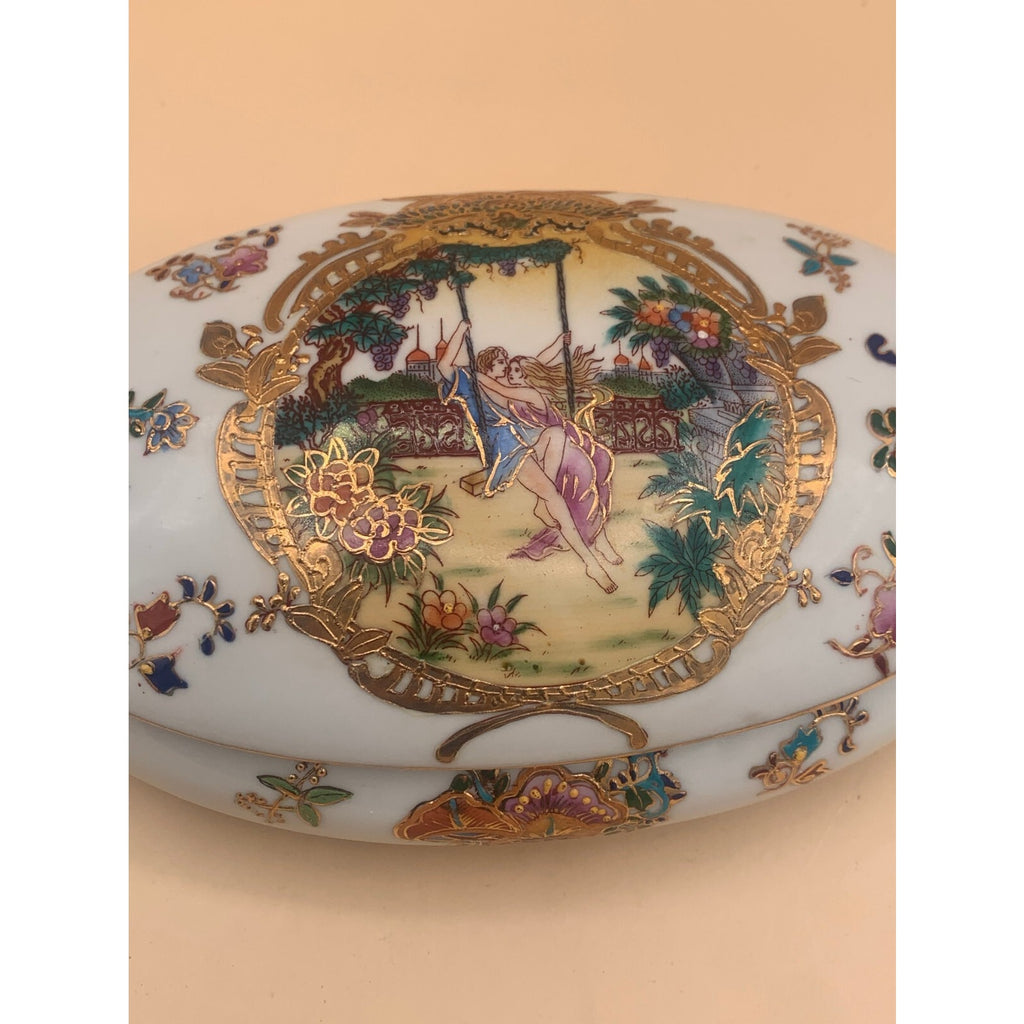 Vintage Oval Fine Porcelain Hand Painted Trinket Box Heavy Gold Trim Two Lovers