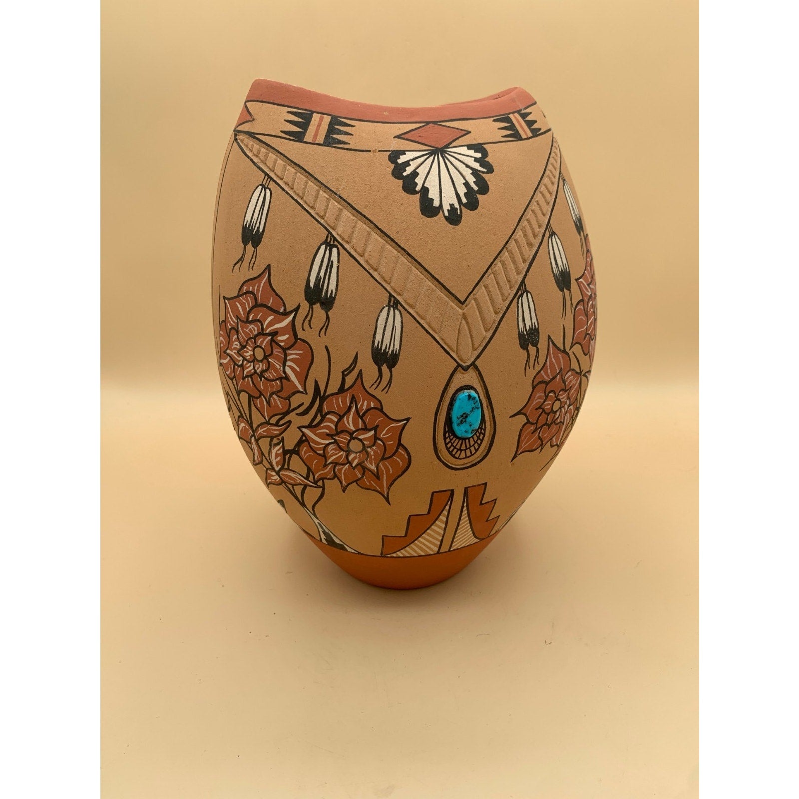 Vintage Signed Clemente Toledo Hand Painted Vase with Embedded Ornate Turquoise