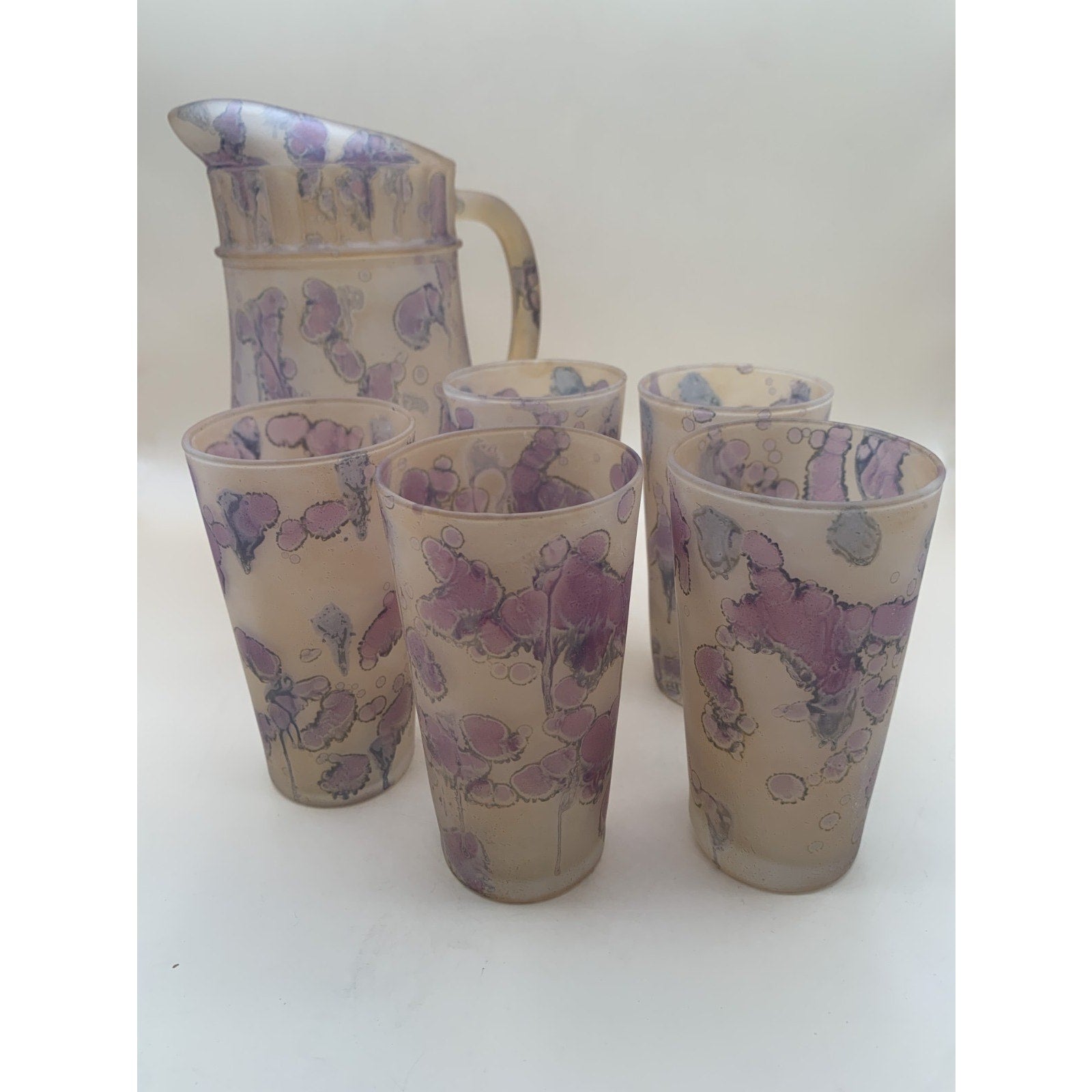 Set of Rueven Art Nouveau Hand Painted Pitcher and Five Glasses