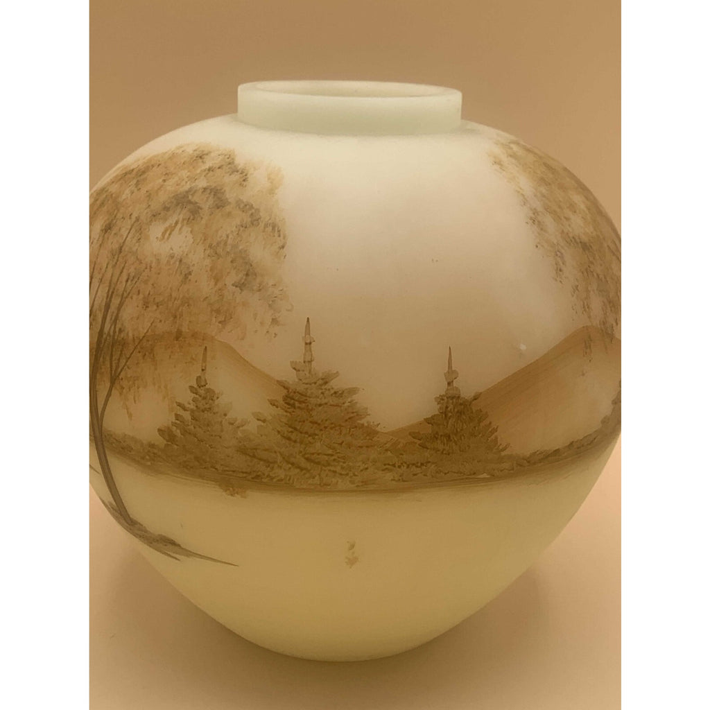 Fenton Satin Custard Hand Painted Log Cabin Series Burmese Ginger Jar Signed by