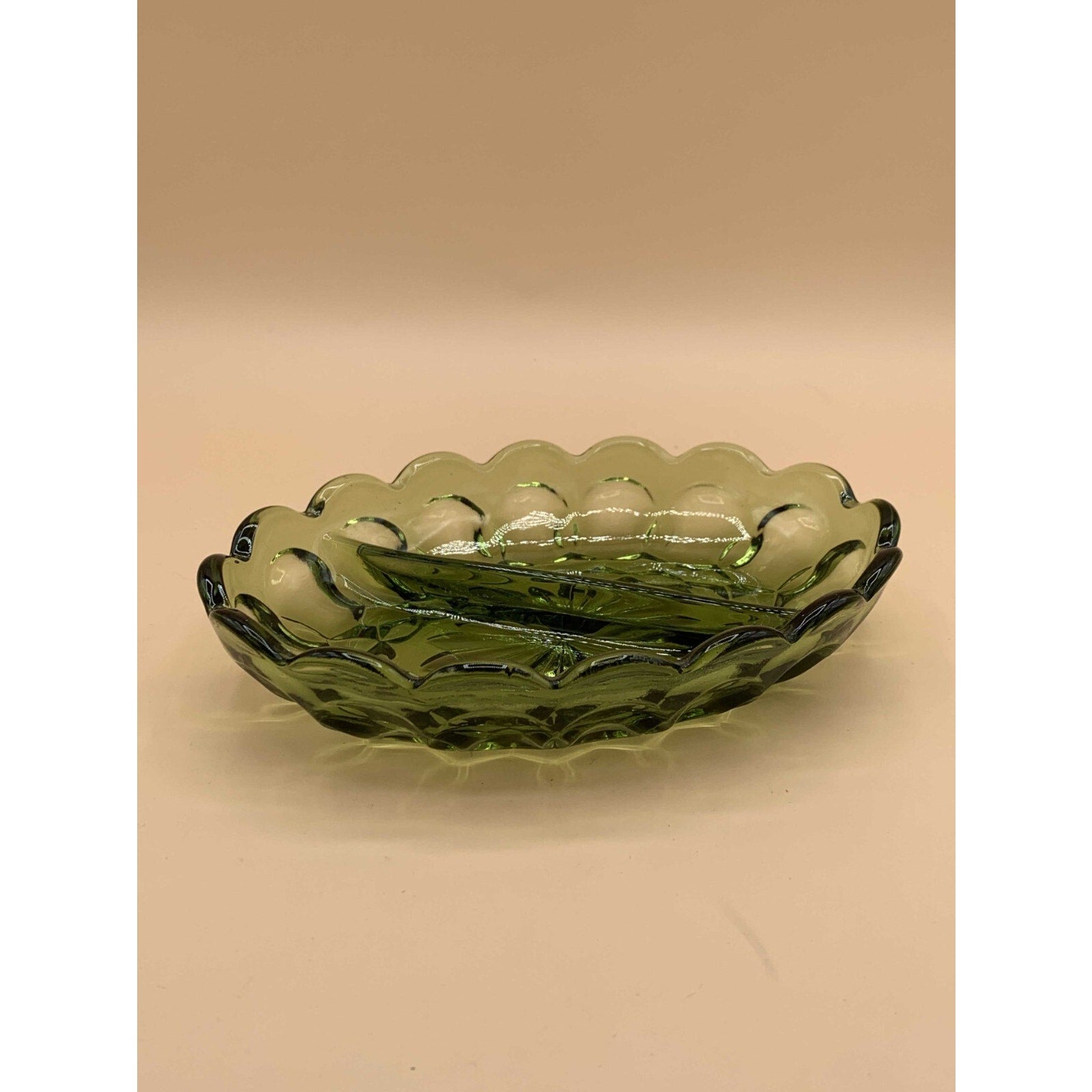 Anchor Hocking Vintage Green Glass Divided Fairfield Oval Relish/Nut/Candy Dish