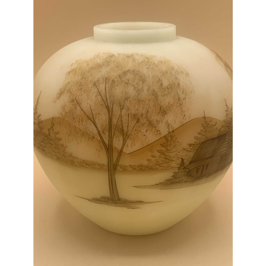 Fenton Satin Custard Hand Painted Log Cabin Series Burmese Ginger Jar Signed by