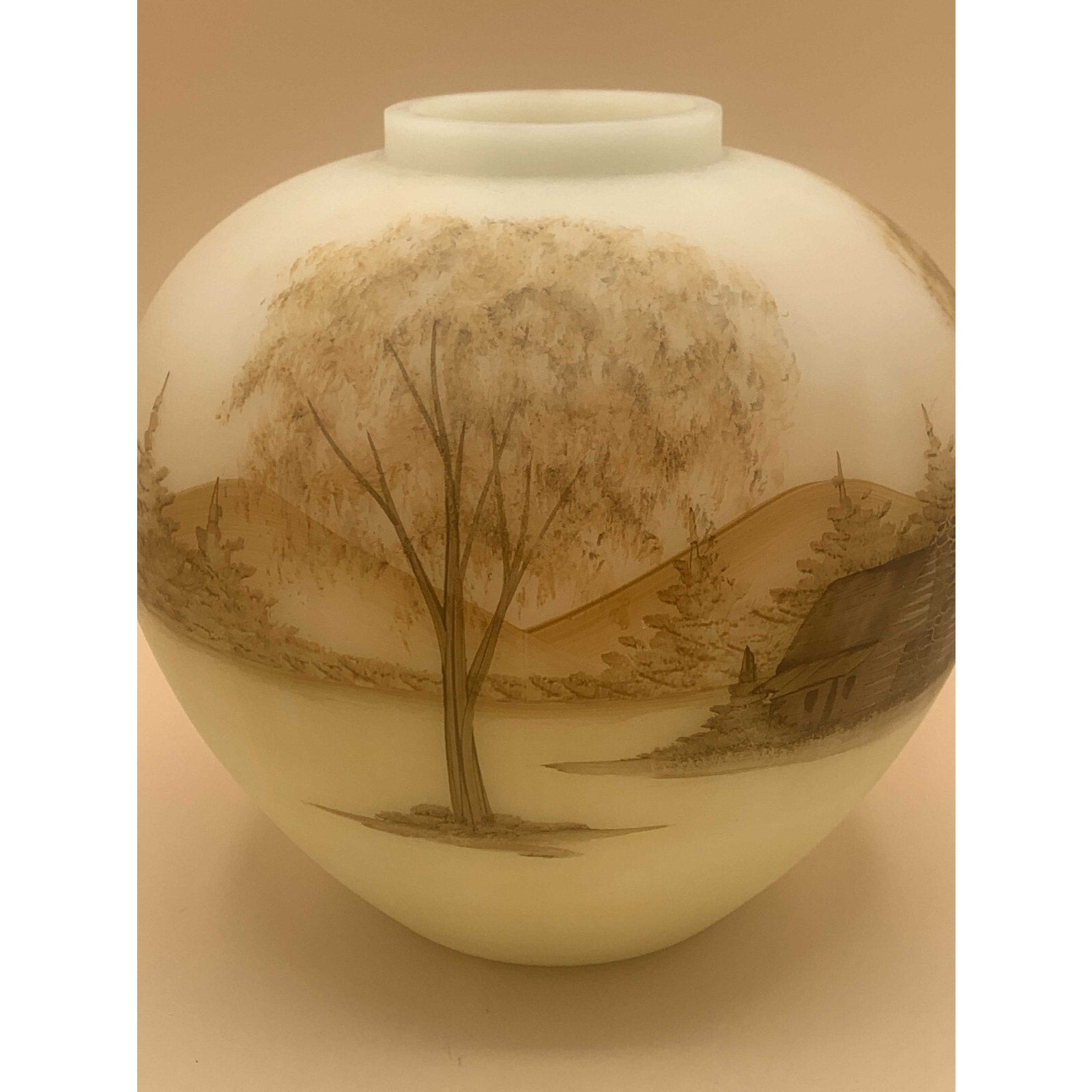 Fenton Satin Custard Hand Painted Log Cabin Series Burmese Ginger Jar Signed by