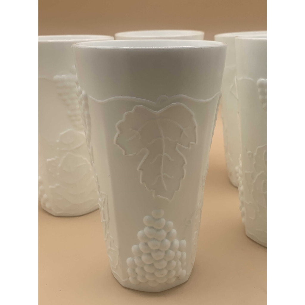 Vintage Sets of Paneled Grape and Leaves Pattern Milk Glass Goblets and Glasses