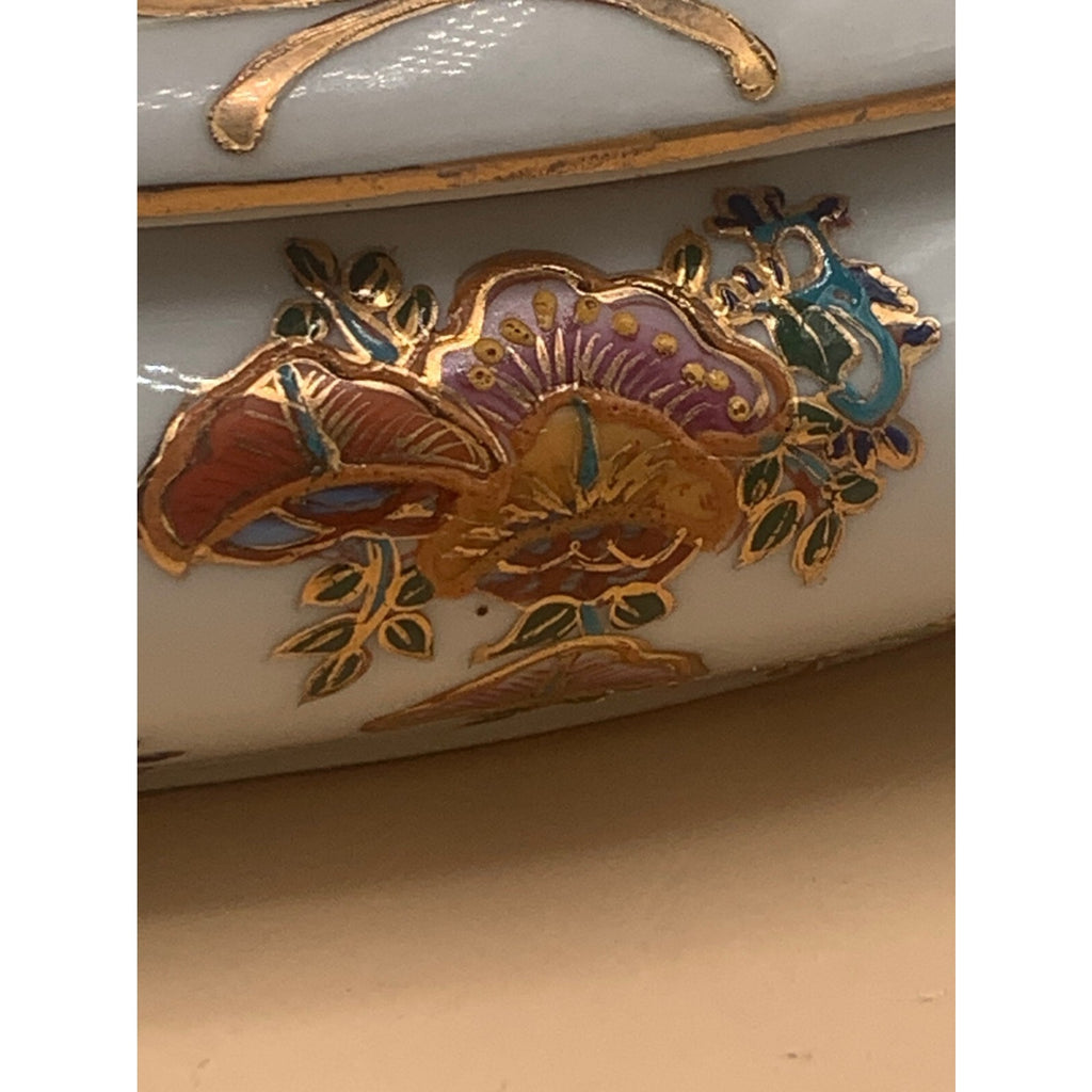 Vintage Oval Fine Porcelain Hand Painted Trinket Box Heavy Gold Trim Two Lovers