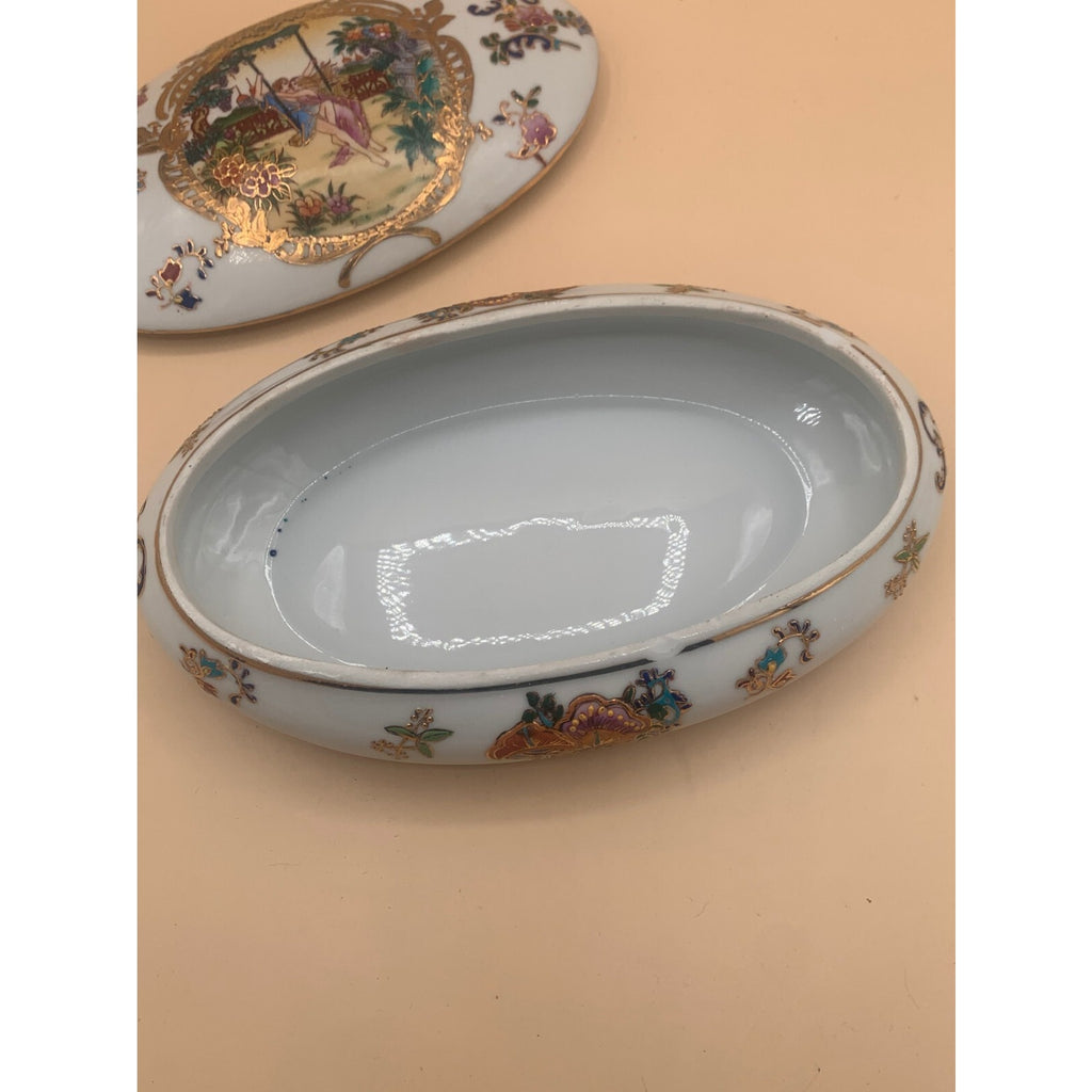 Vintage Oval Fine Porcelain Hand Painted Trinket Box Heavy Gold Trim Two Lovers