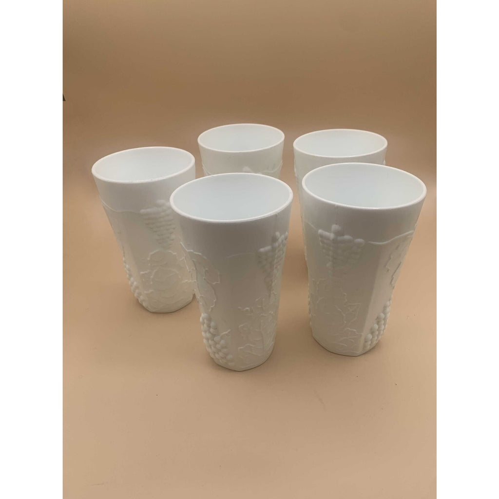 Vintage Sets of Paneled Grape and Leaves Pattern Milk Glass Goblets and Glasses