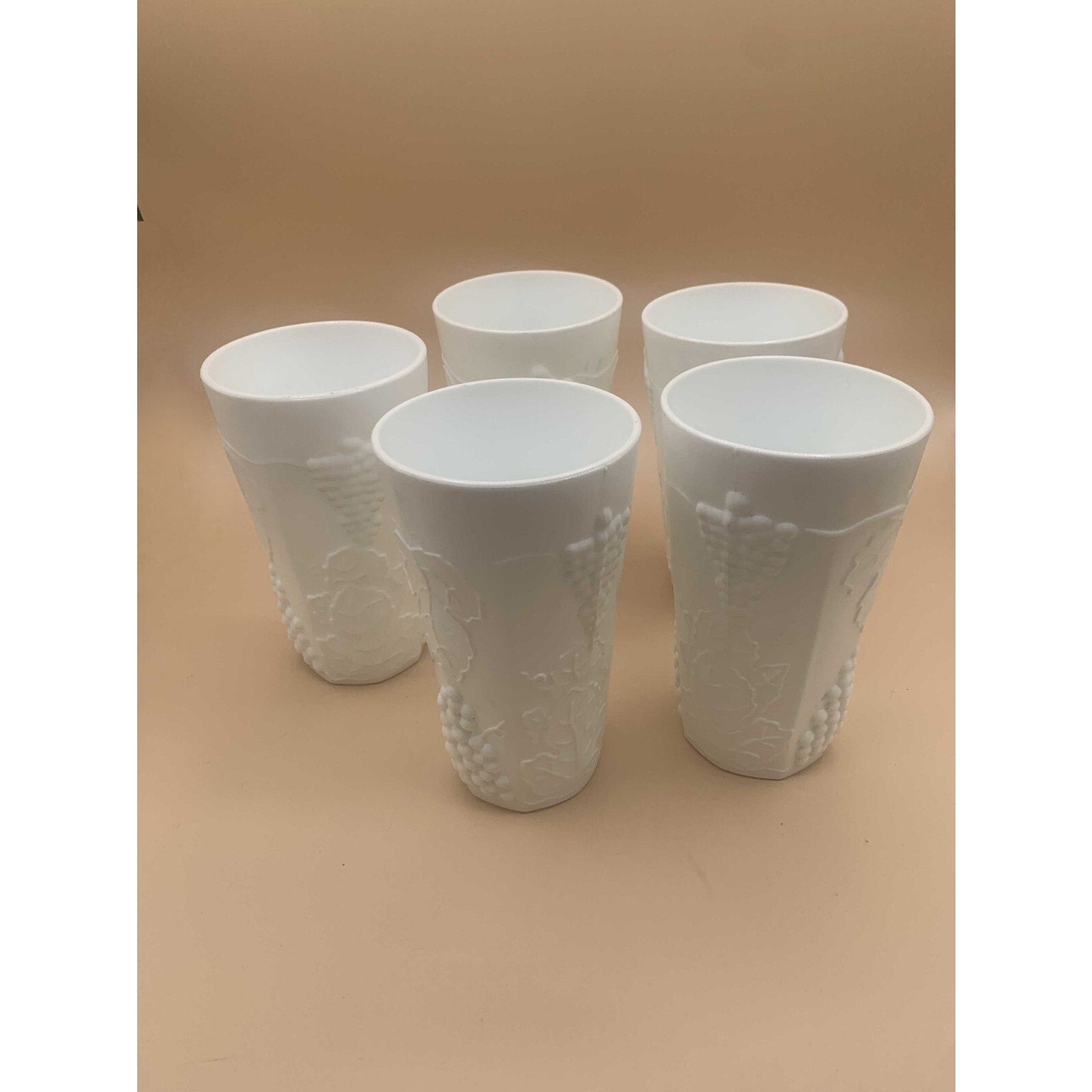 Vintage Sets of Paneled Grape and Leaves Pattern Milk Glass Goblets and Glasses