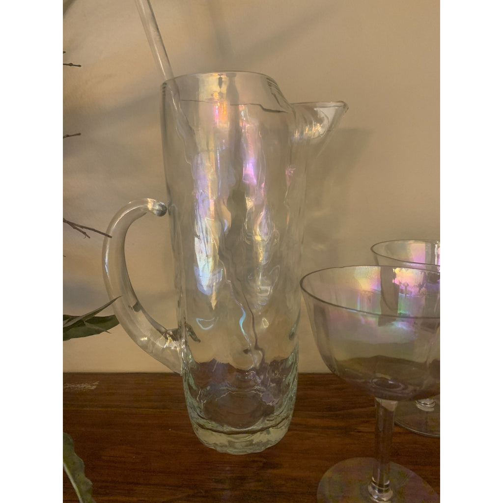 Mid-Century Modern (MCM) "Drapery" Cocktail Pitcher and Coordinating Glasses wit