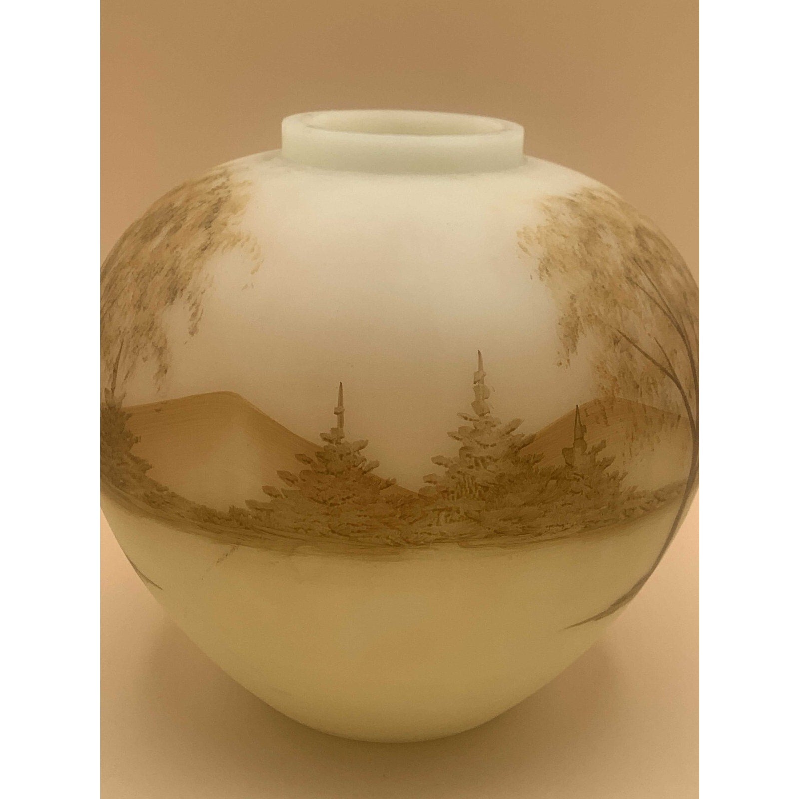 Fenton Satin Custard Hand Painted Log Cabin Series Burmese Ginger Jar Signed by