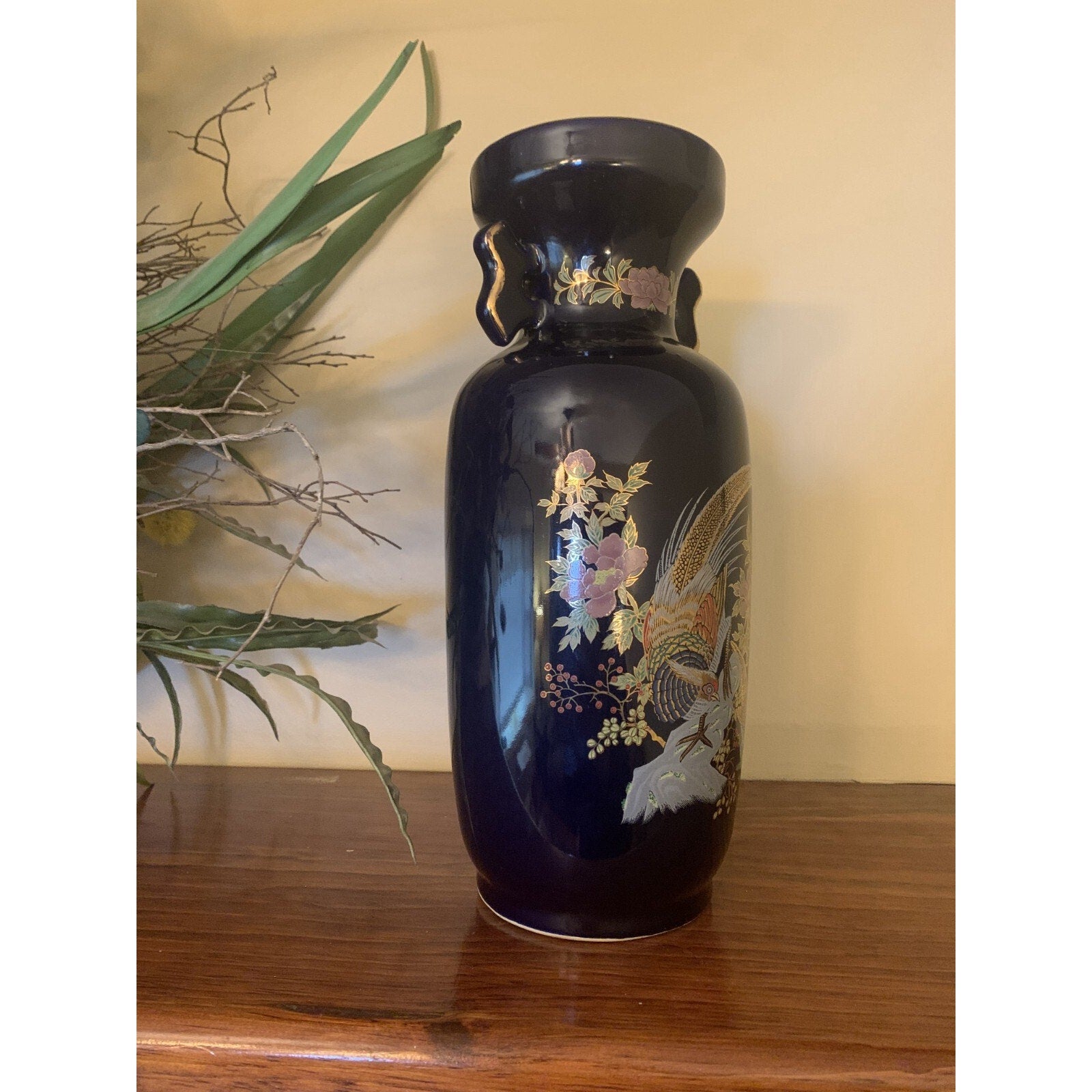 Vintage Japanese Marked Bijutsu Toki Porcelain Peacock Flower Vase with Handles