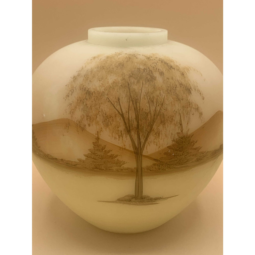 Fenton Satin Custard Hand Painted Log Cabin Series Burmese Ginger Jar Signed by