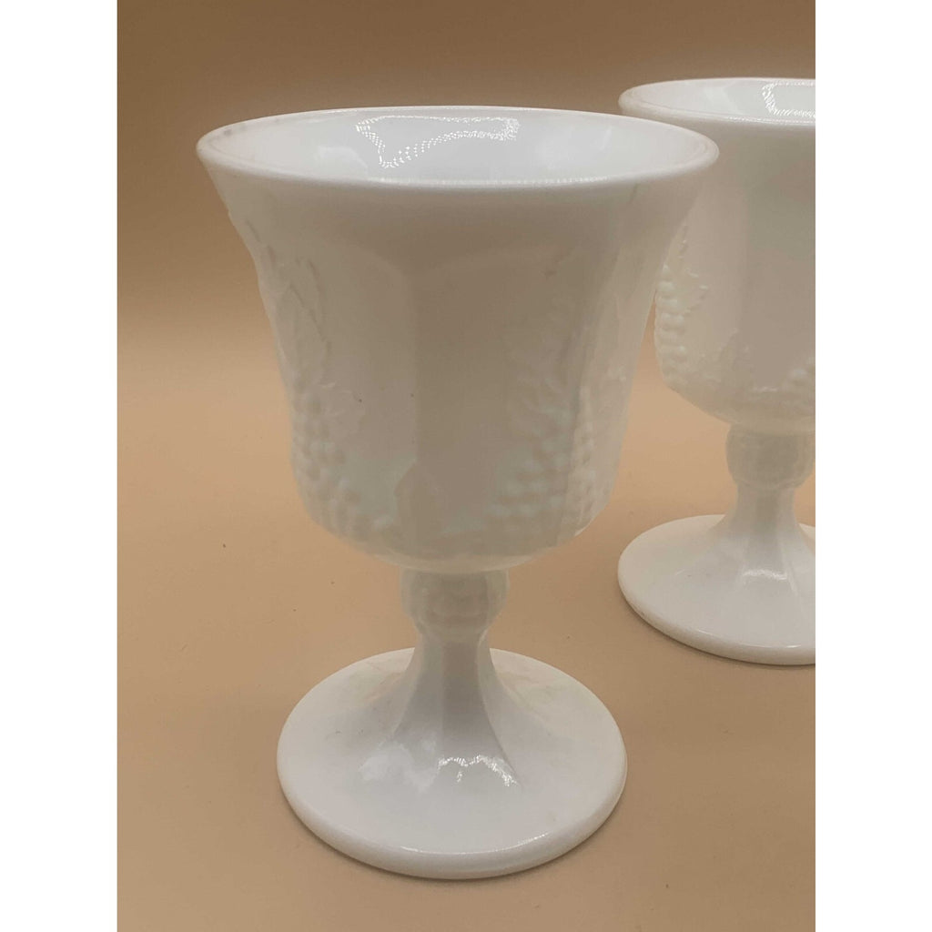 Vintage Sets of Paneled Grape and Leaves Pattern Milk Glass Goblets and Glasses