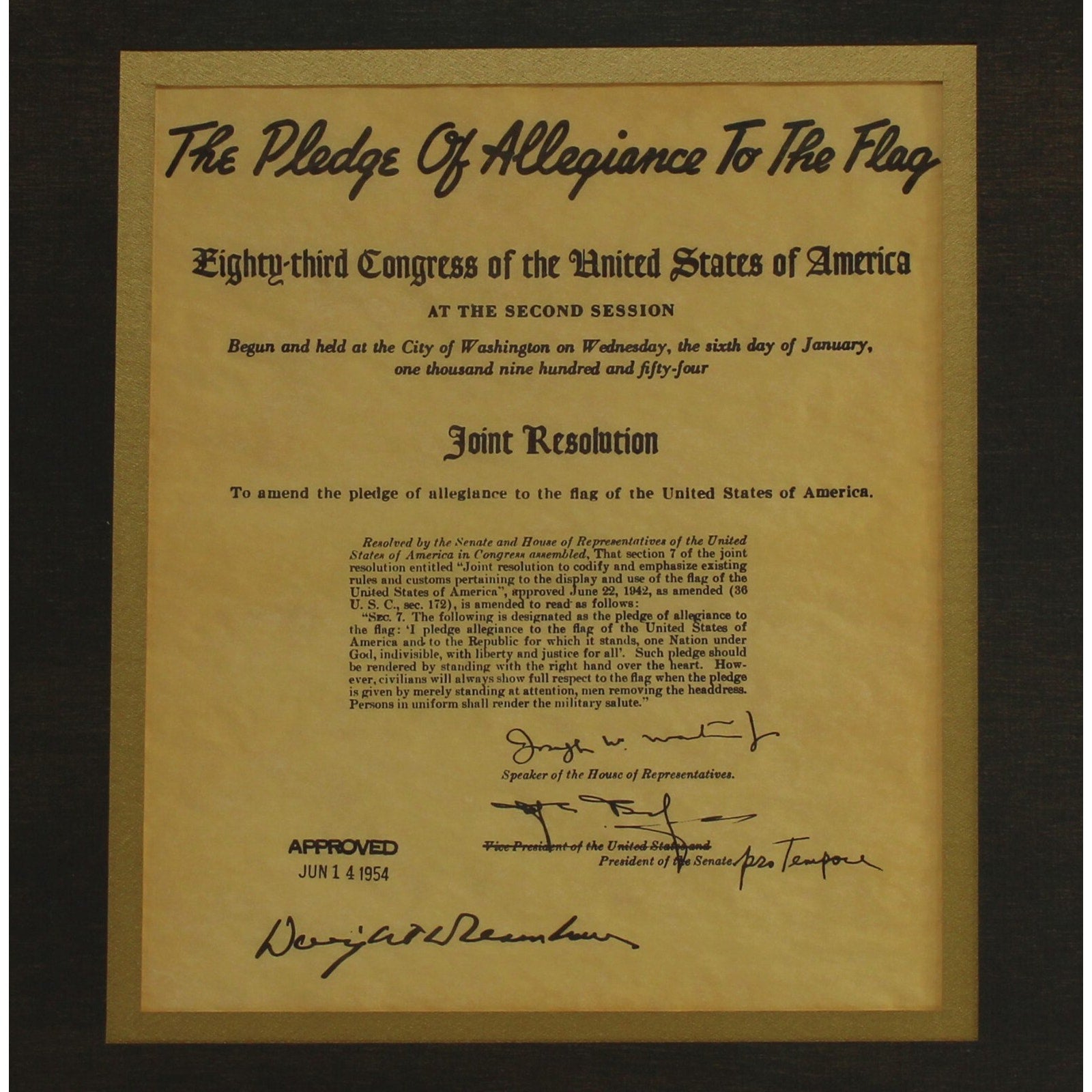 Framed Resolution of Congress to Amend the Pledge of Allegiance to the Flag 1954