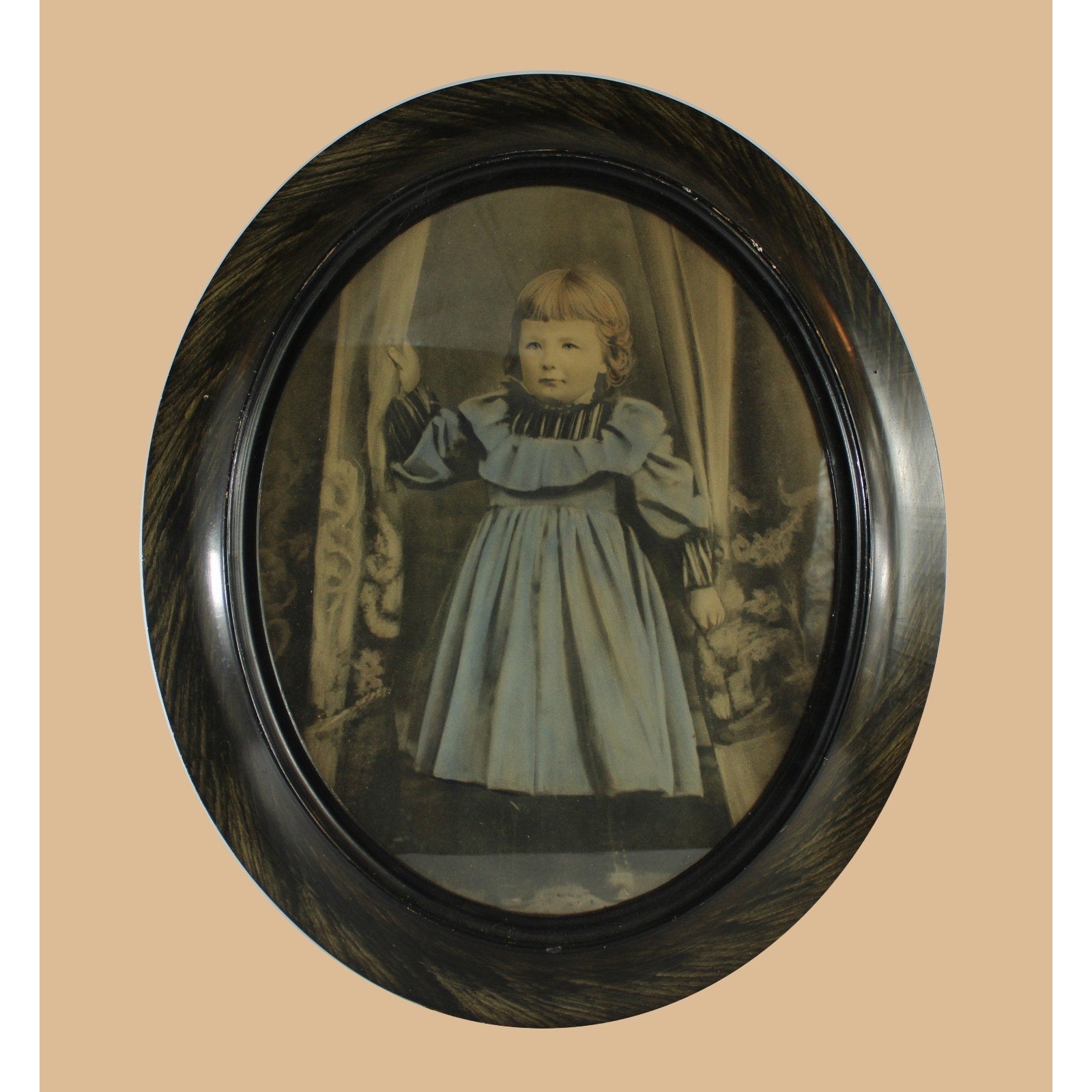 Antique Photograph of Little Girl Mounted in Large Oval Handmade Wooden Frame