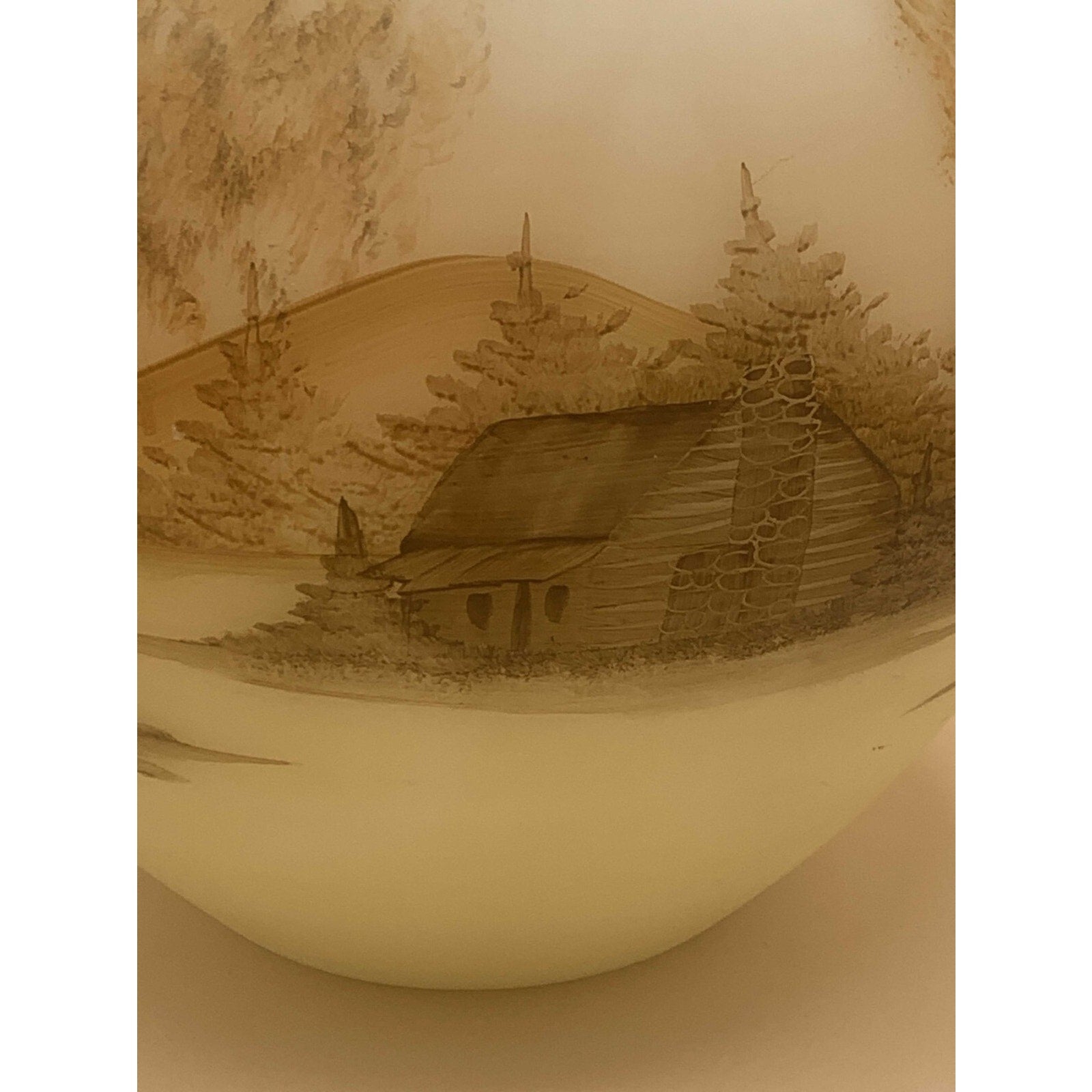 Fenton Satin Custard Hand Painted Log Cabin Series Burmese Ginger Jar Signed by