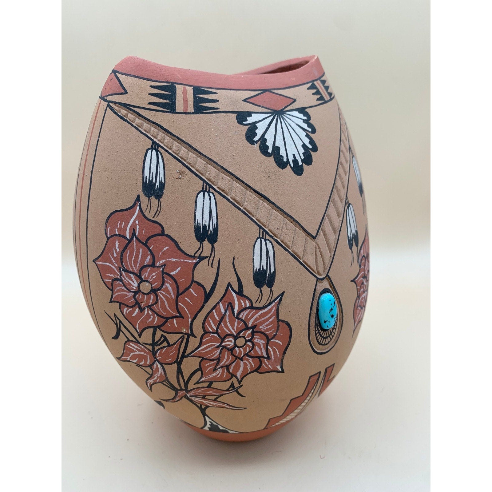 Vintage Signed Clemente Toledo Hand Painted Vase with Embedded Ornate Turquoise