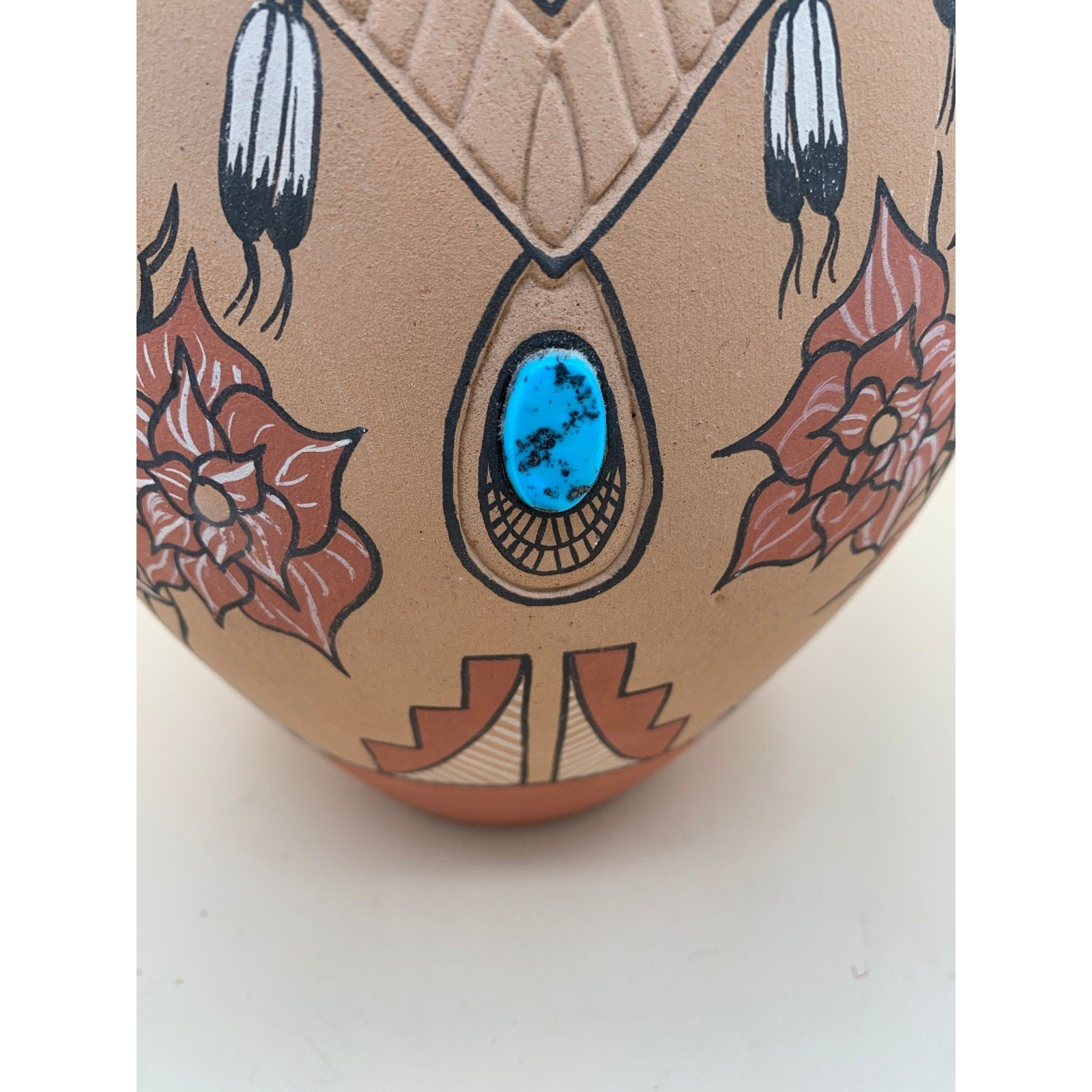 Vintage Signed Clemente Toledo Hand Painted Vase with Embedded Ornate Turquoise