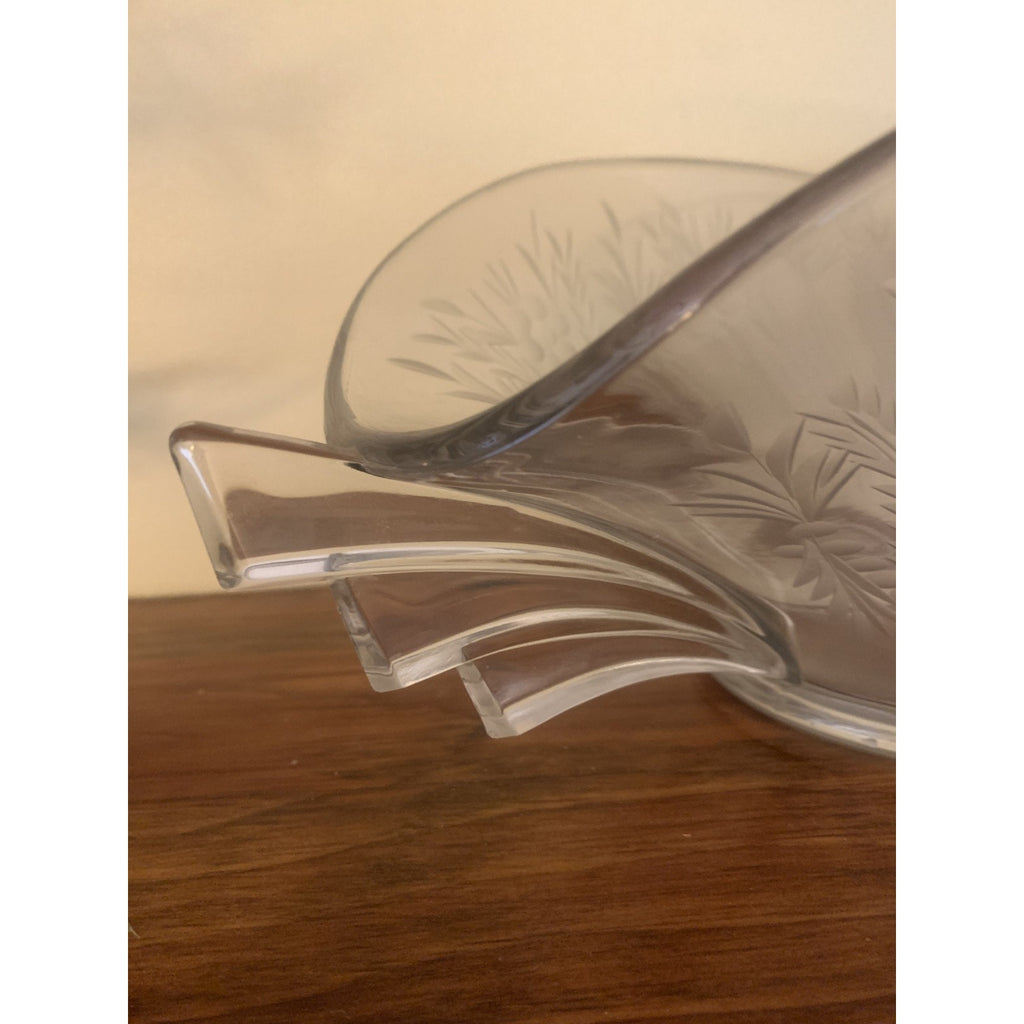 Vintage Crystal Art Deco Oval Console Bowl Centerpiece 14” with Winged Handles