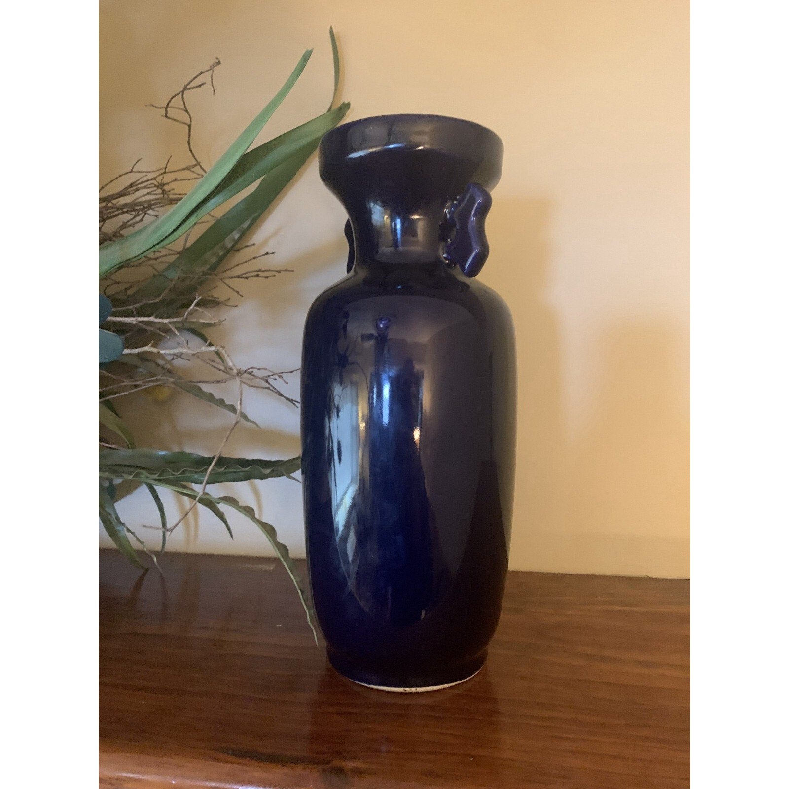 Vintage Japanese Marked Bijutsu Toki Porcelain Peacock Flower Vase with Handles