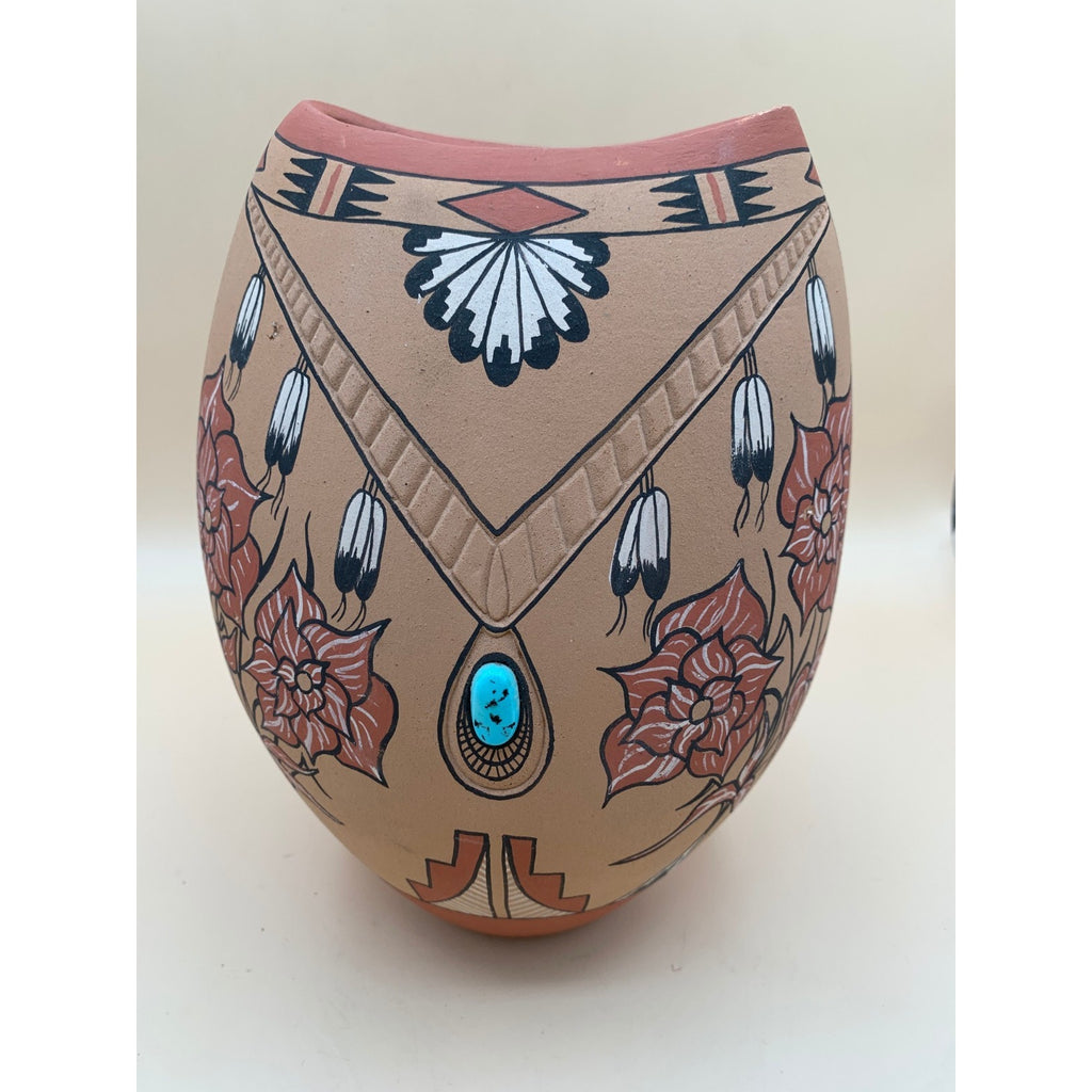 Vintage Signed Clemente Toledo Hand Painted Vase with Embedded Ornate Turquoise