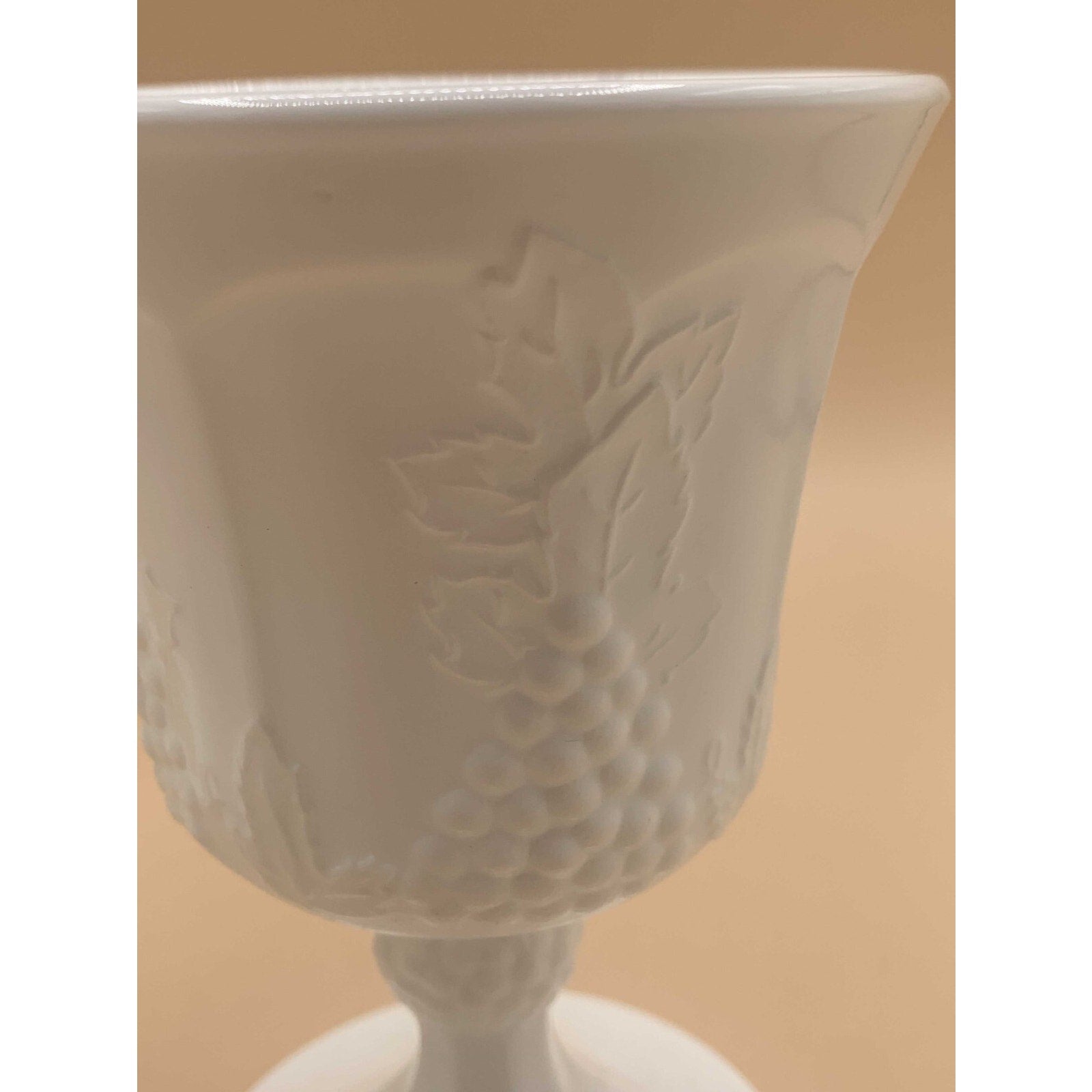 Vintage Sets of Paneled Grape and Leaves Pattern Milk Glass Goblets and Glasses