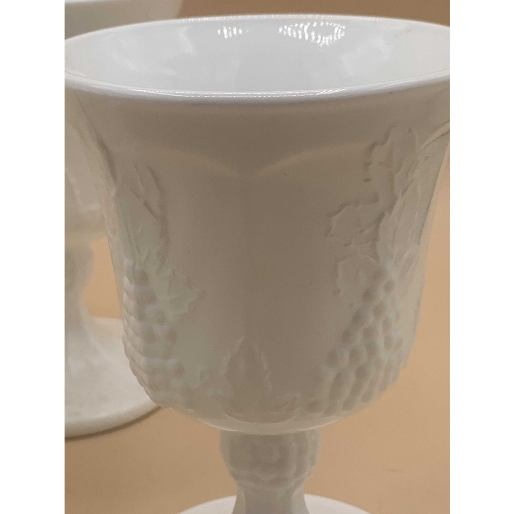 Vintage Sets of Paneled Grape and Leaves Pattern Milk Glass Goblets and Glasses
